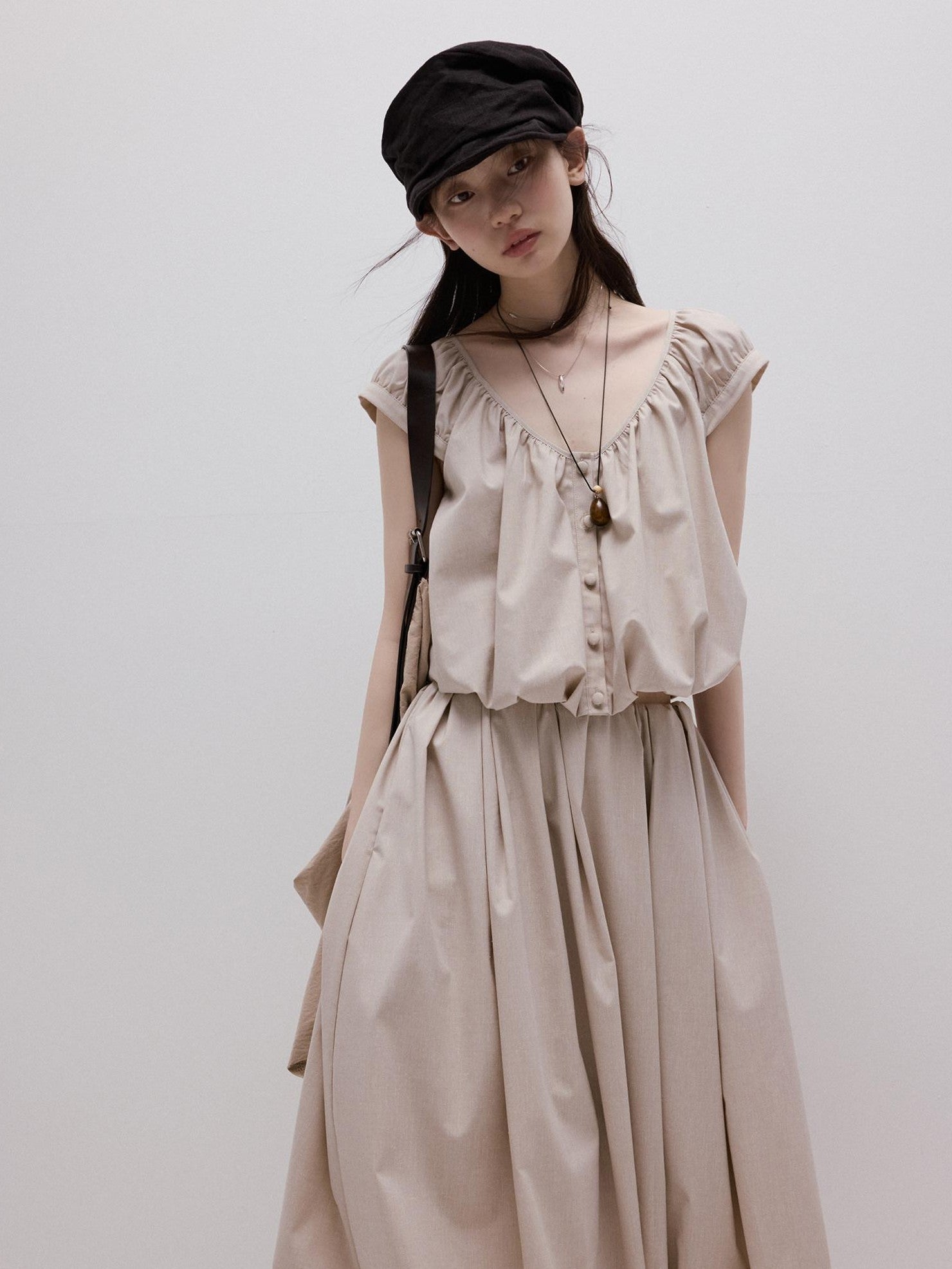 FUSSED Apricot Gray Puff Texture V-neck Women&