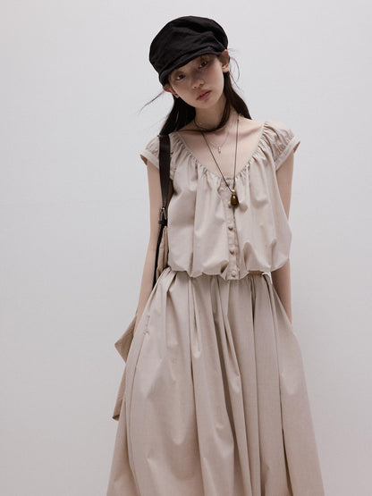 FUSSED Apricot Gray Puff Texture V-neck Women&