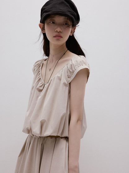 FUSSED Apricot Gray Puff Texture V-neck Women&