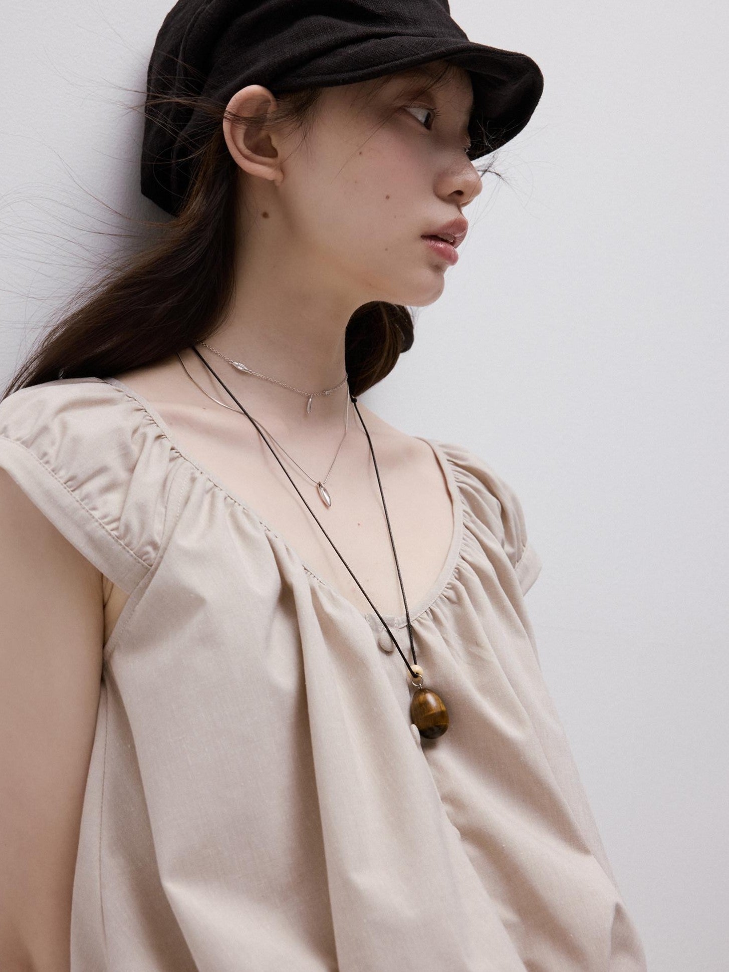 FUSSED Apricot Gray Puff Texture V-neck Women&