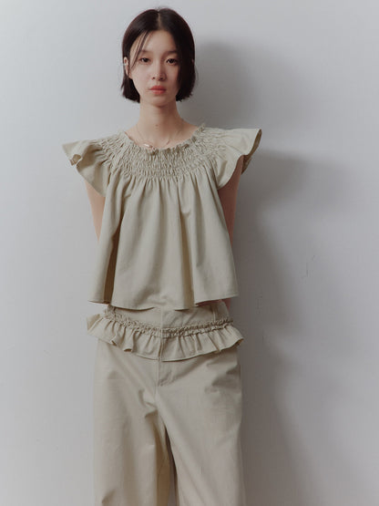FUSSED_Apricot_Gray_Ruched_Babydoll_Flutter_Sleeve_Women&