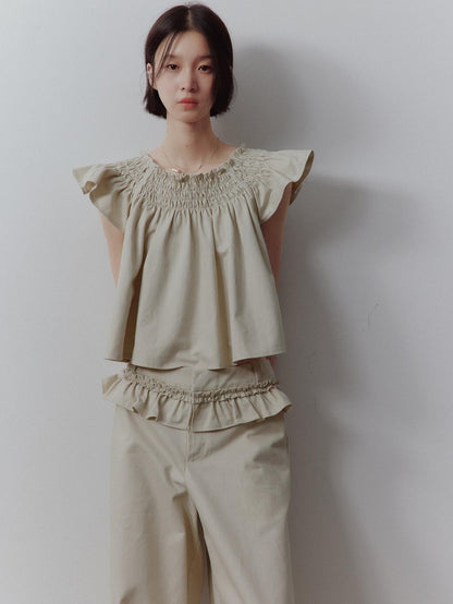 FUSSED Apricot Gray Ruched Babydoll Flutter Sleeve Women&