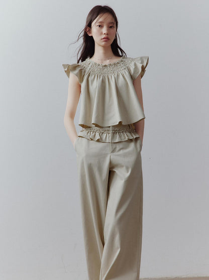 FUSSED Apricot Gray Ruched Babydoll Flutter Sleeve Women&