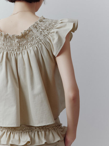 FUSSED Apricot Gray Ruched Babydoll Flutter Sleeve Women&