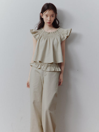 FUSSED Apricot Gray Ruched Babydoll Flutter Sleeve Women&