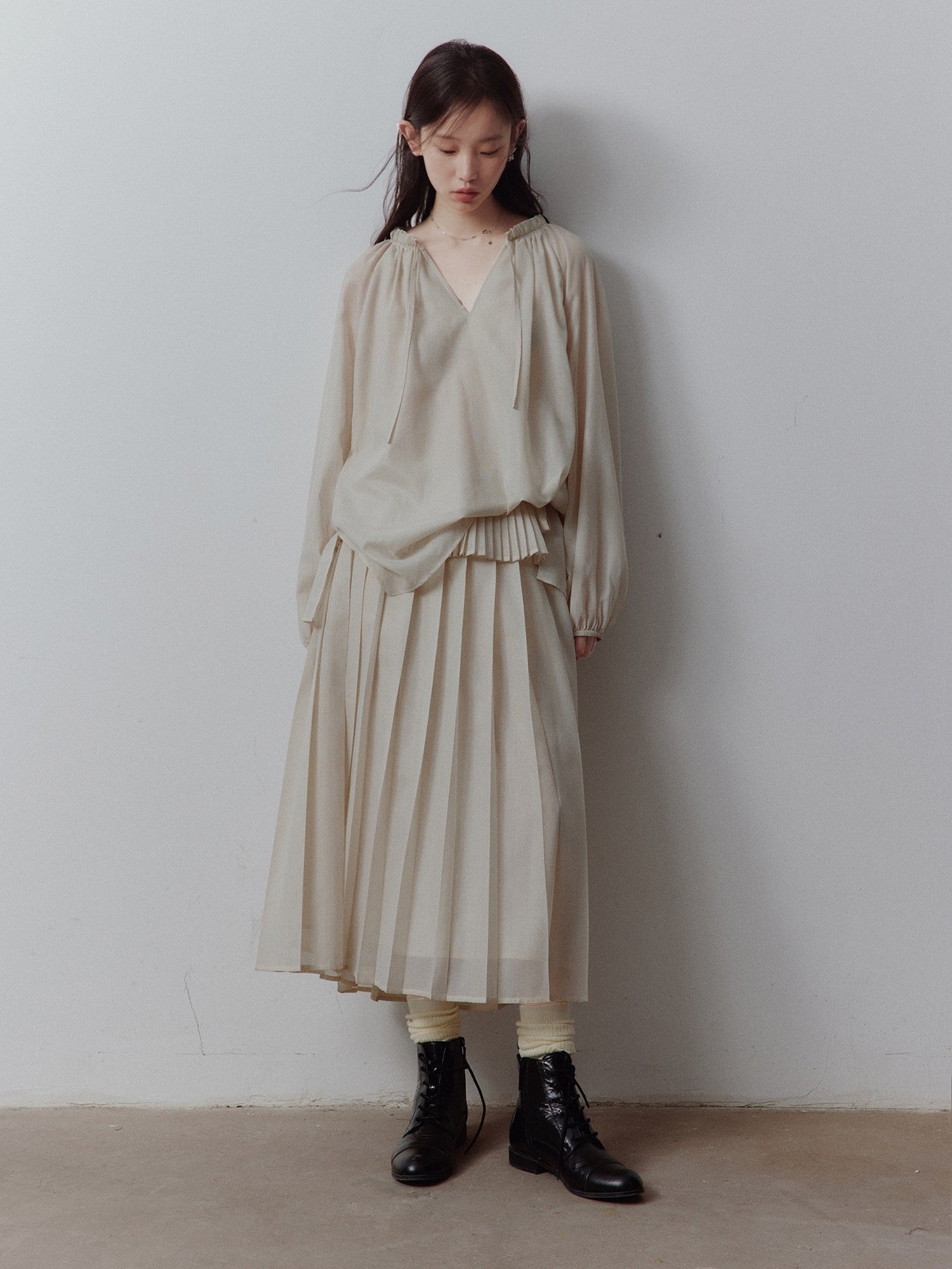 FUSSED_Apricot_Gray_Tiered_Patchwork_Pleated_Tie_Waist_Women&