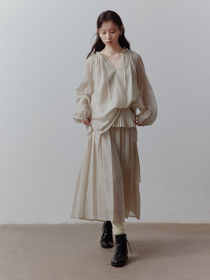 FUSSED Apricot Gray Tiered Patchwork Pleated Tie Waist Women&