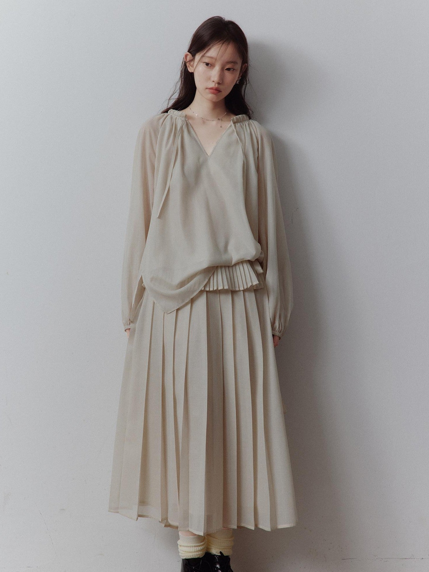 FUSSED Apricot Gray Tiered Patchwork Pleated Tie Waist Women&