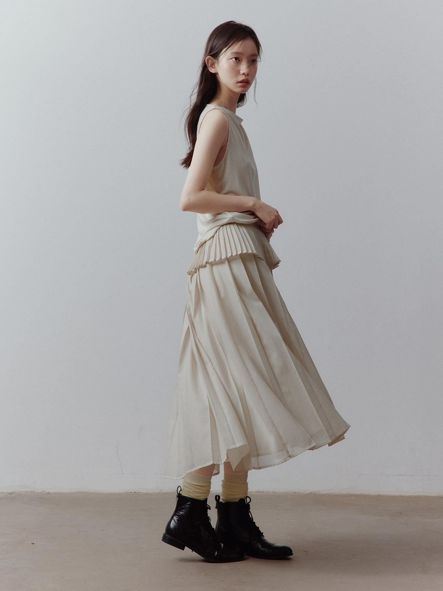 FUSSED Apricot Gray Tiered Patchwork Pleated Tie Waist Women&