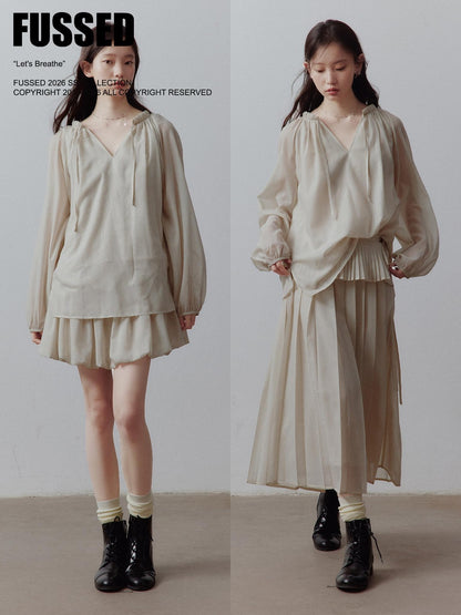 FUSSED Apricot Gray Tiered Patchwork Pleated Tie Waist Women&