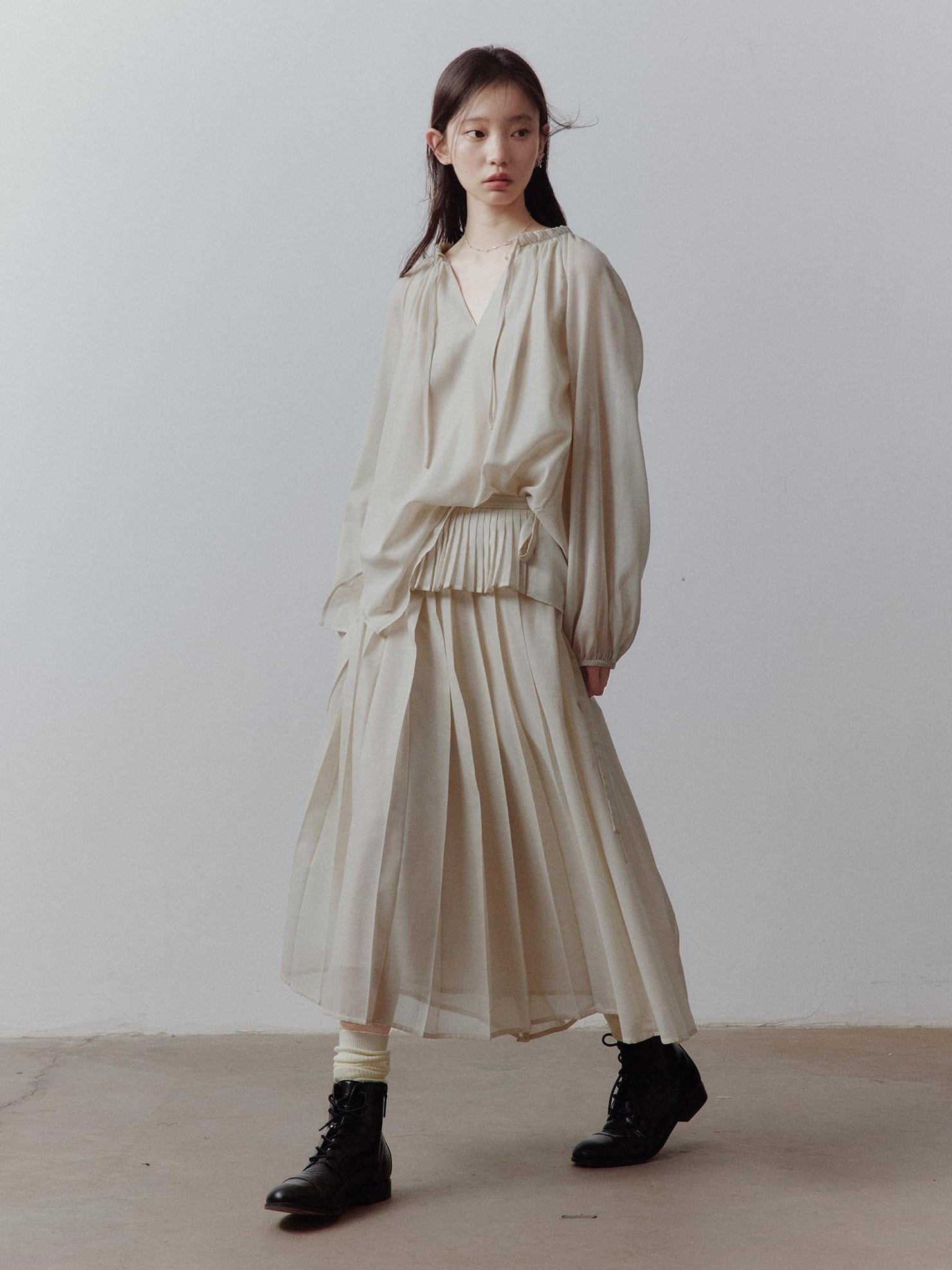 FUSSED Apricot Gray Tiered Patchwork Pleated Tie Waist Women&