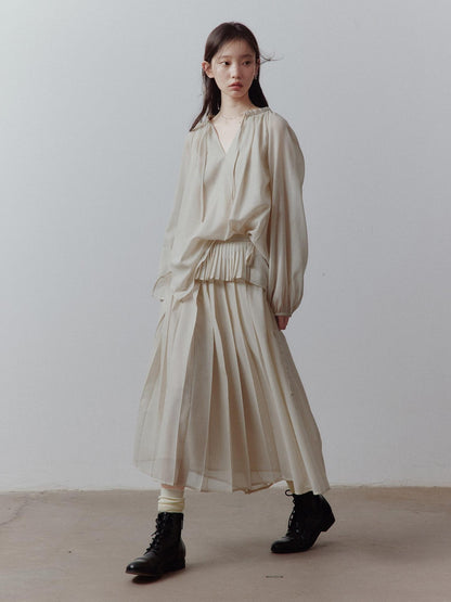 FUSSED Apricot Gray Tiered Patchwork Pleated Tie Waist Women&