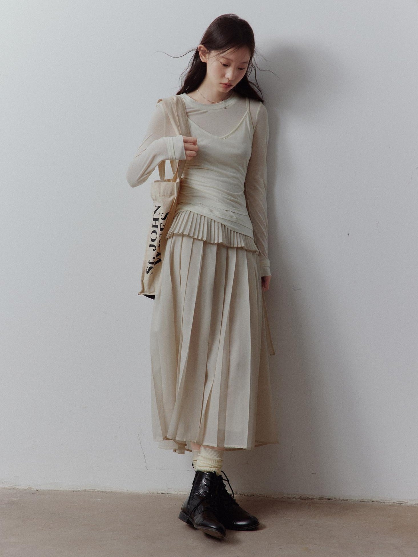 FUSSED Apricot Gray Tiered Patchwork Pleated Tie Waist Women&