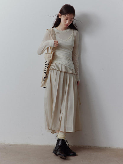 FUSSED Apricot Gray Tiered Patchwork Pleated Tie Waist Women&