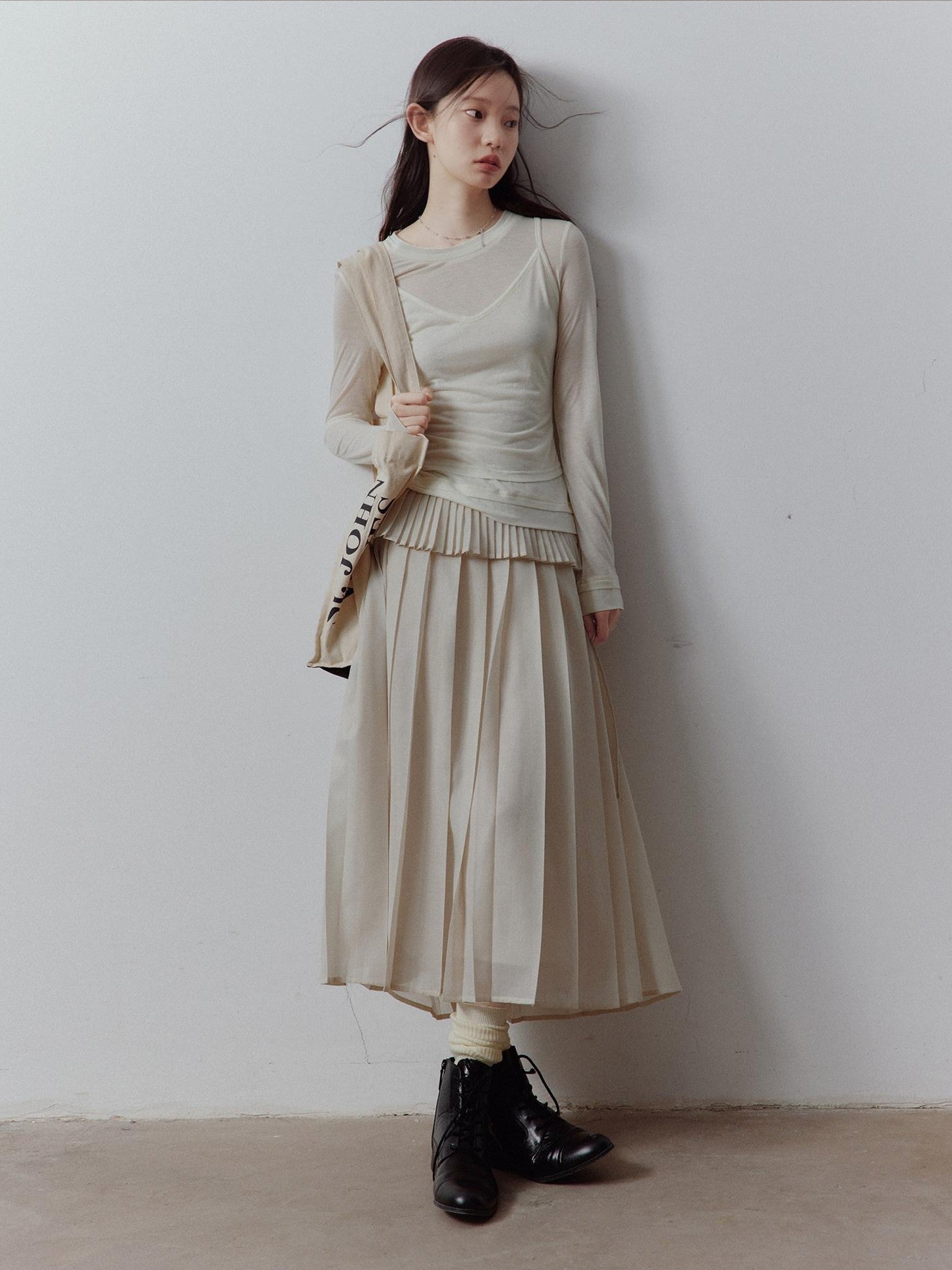 FUSSED Apricot Gray Tiered Patchwork Pleated Tie Waist Women&