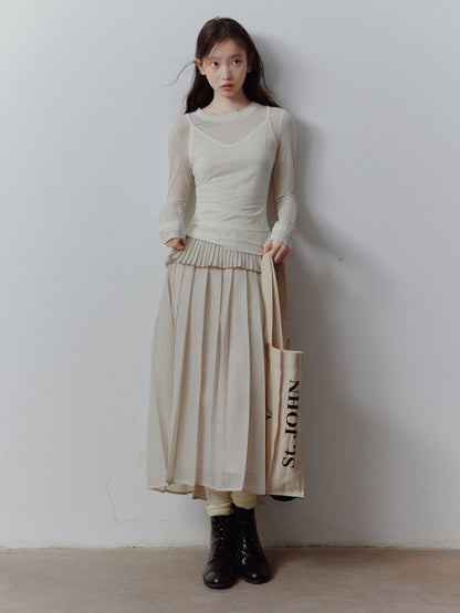FUSSED Apricot Gray Tiered Patchwork Pleated Tie Waist Women&
