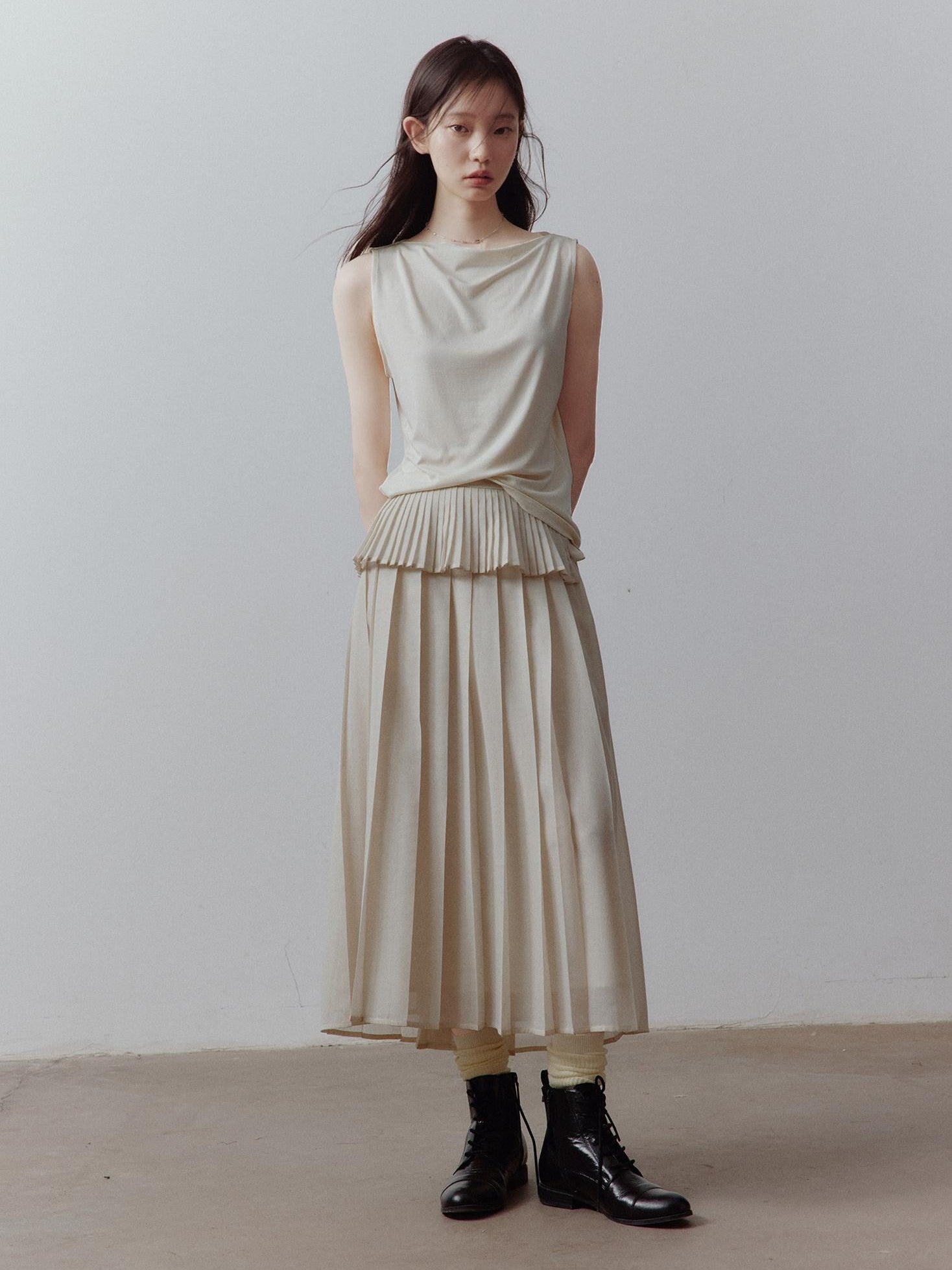FUSSED Apricot Gray Tiered Patchwork Pleated Tie Waist Women&