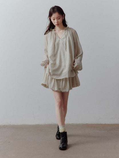 FUSSED Apricot Gray V-neck Lantern Sleeve Tie Uv Women&