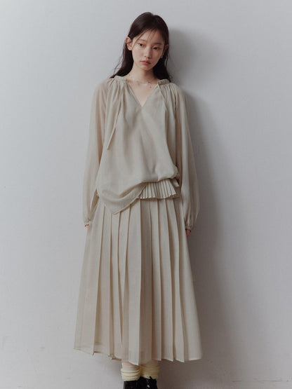FUSSED Apricot Gray V-neck Lantern Sleeve Tie Uv Women&