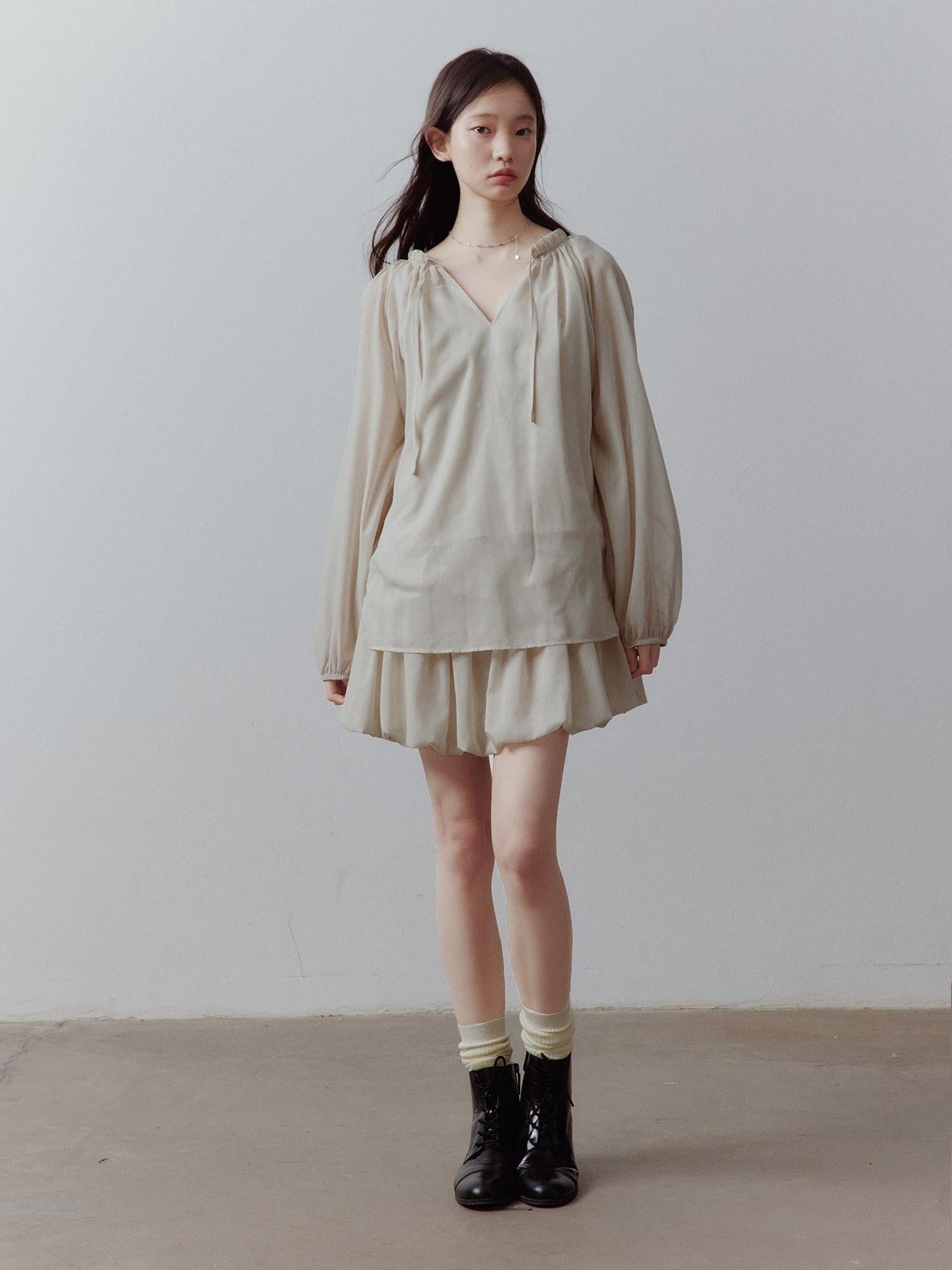 FUSSED Apricot Gray V-neck Lantern Sleeve Tie Uv Women&