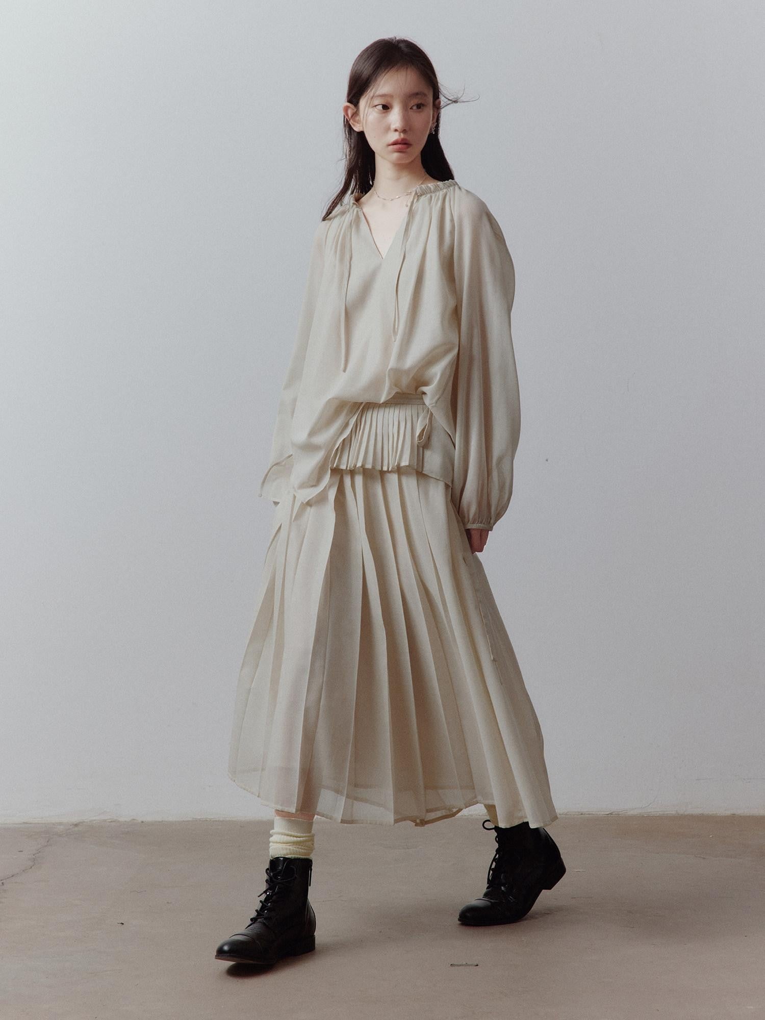 FUSSED Apricot Gray V-neck Lantern Sleeve Tie Uv Women&