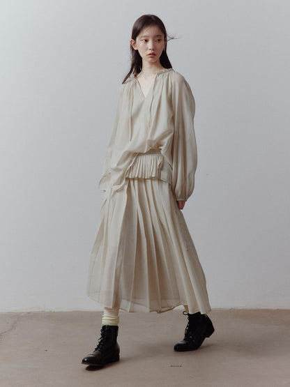 FUSSED Apricot Gray V-neck Lantern Sleeve Tie Uv Women&