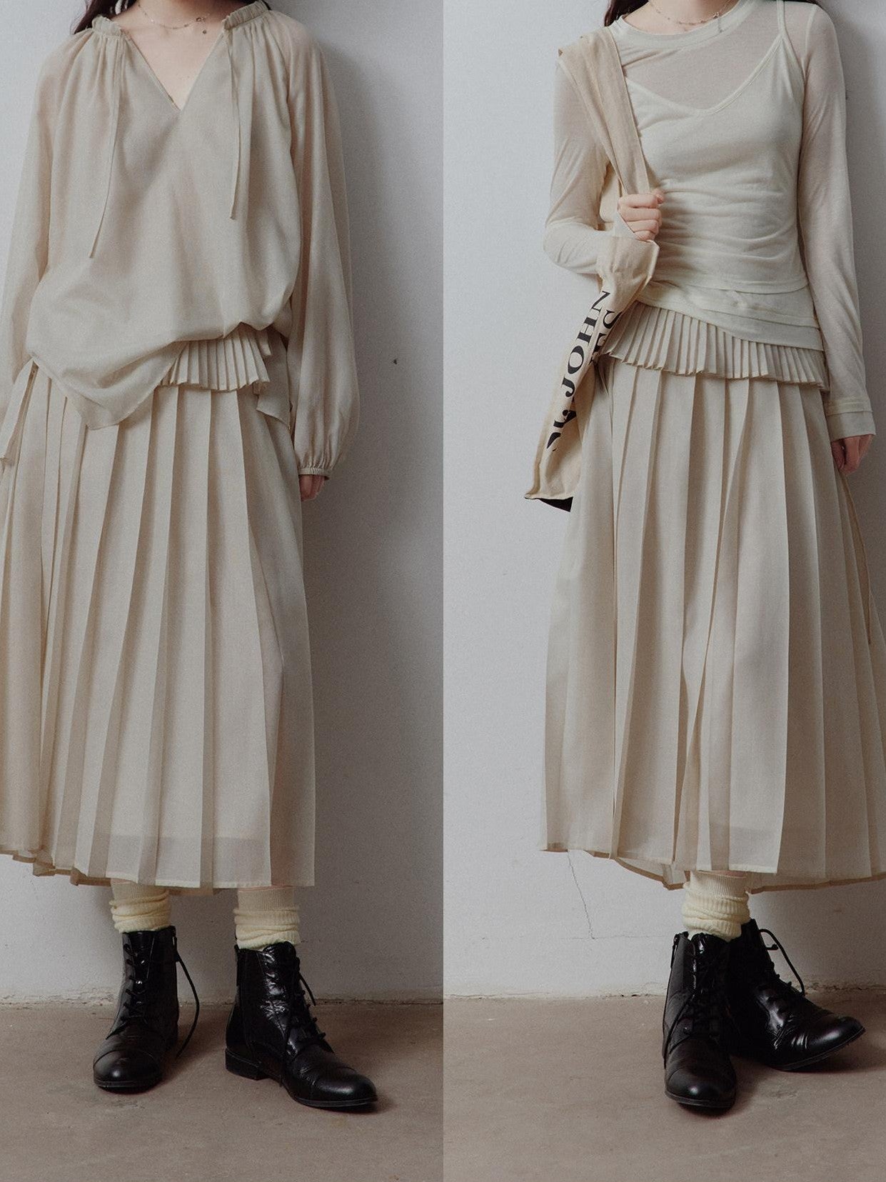 FUSSED Apricot Gray V-neck Lantern Sleeve Tie Uv Women&
