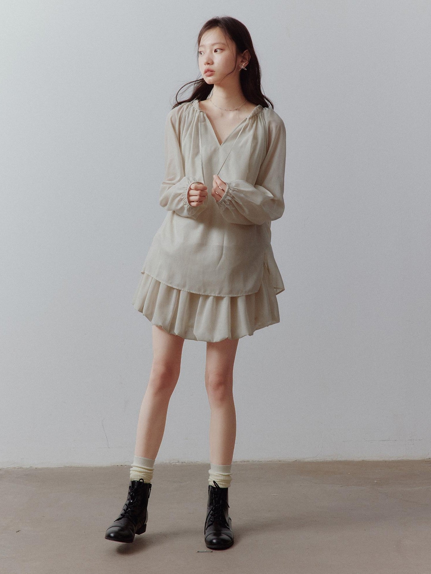 FUSSED Apricot Gray V-neck Lantern Sleeve Tie Uv Women&