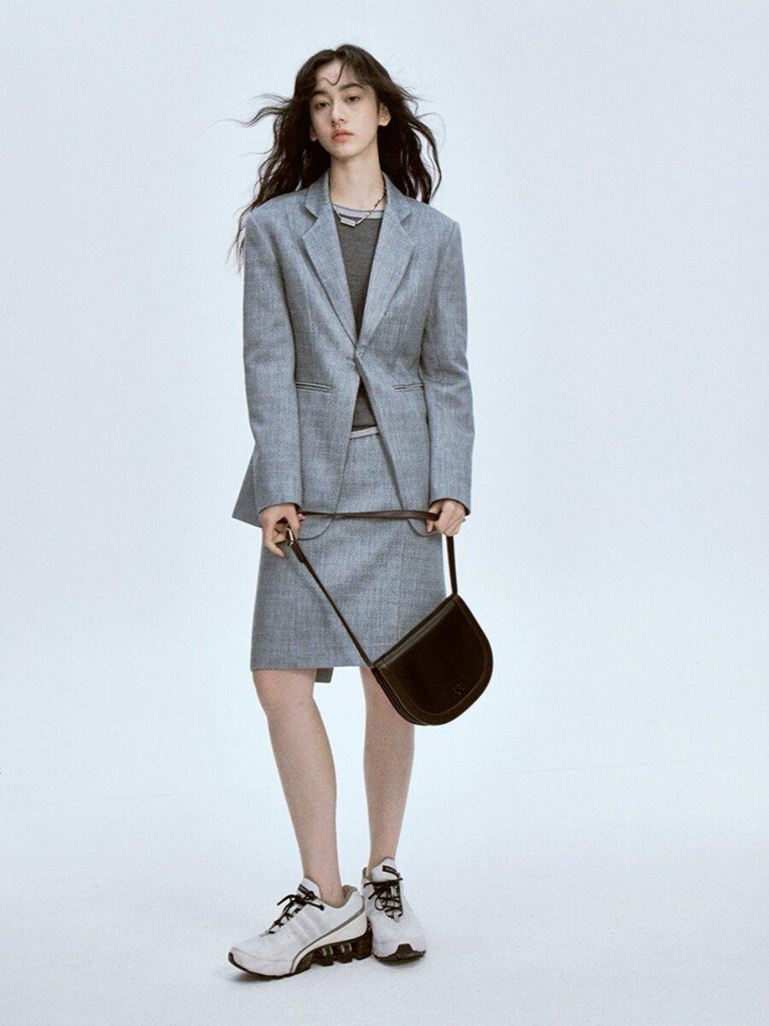 FUSSED Ash Gray Ripple Texture Slim Notch Lapel Single Breasted Women&