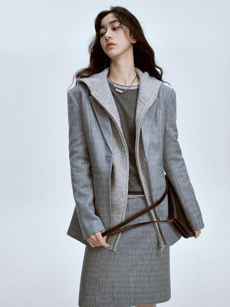 FUSSED Ash Gray Ripple Texture Slim Notch Lapel Single Breasted Women&