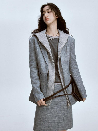 FUSSED Ash Gray Ripple Texture Slim Notch Lapel Single Breasted Women&