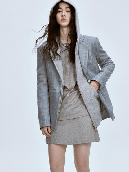 FUSSED Ash Gray Ripple Texture Slim Notch Lapel Single Breasted Women&
