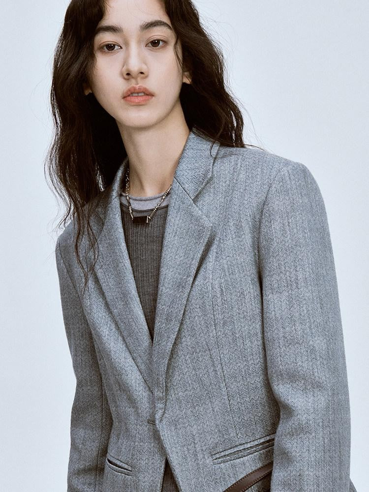 FUSSED Ash Gray Ripple Texture Slim Notch Lapel Single Breasted Women&