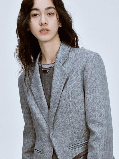 FUSSED Ash Gray Ripple Texture Slim Notch Lapel Single Breasted Women&