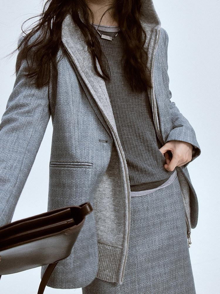 FUSSED Ash Gray Ripple Texture Slim Notch Lapel Single Breasted Women&