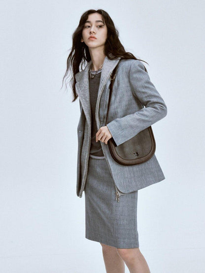 FUSSED Ash Gray Ripple Texture Slim Notch Lapel Single Breasted Women&