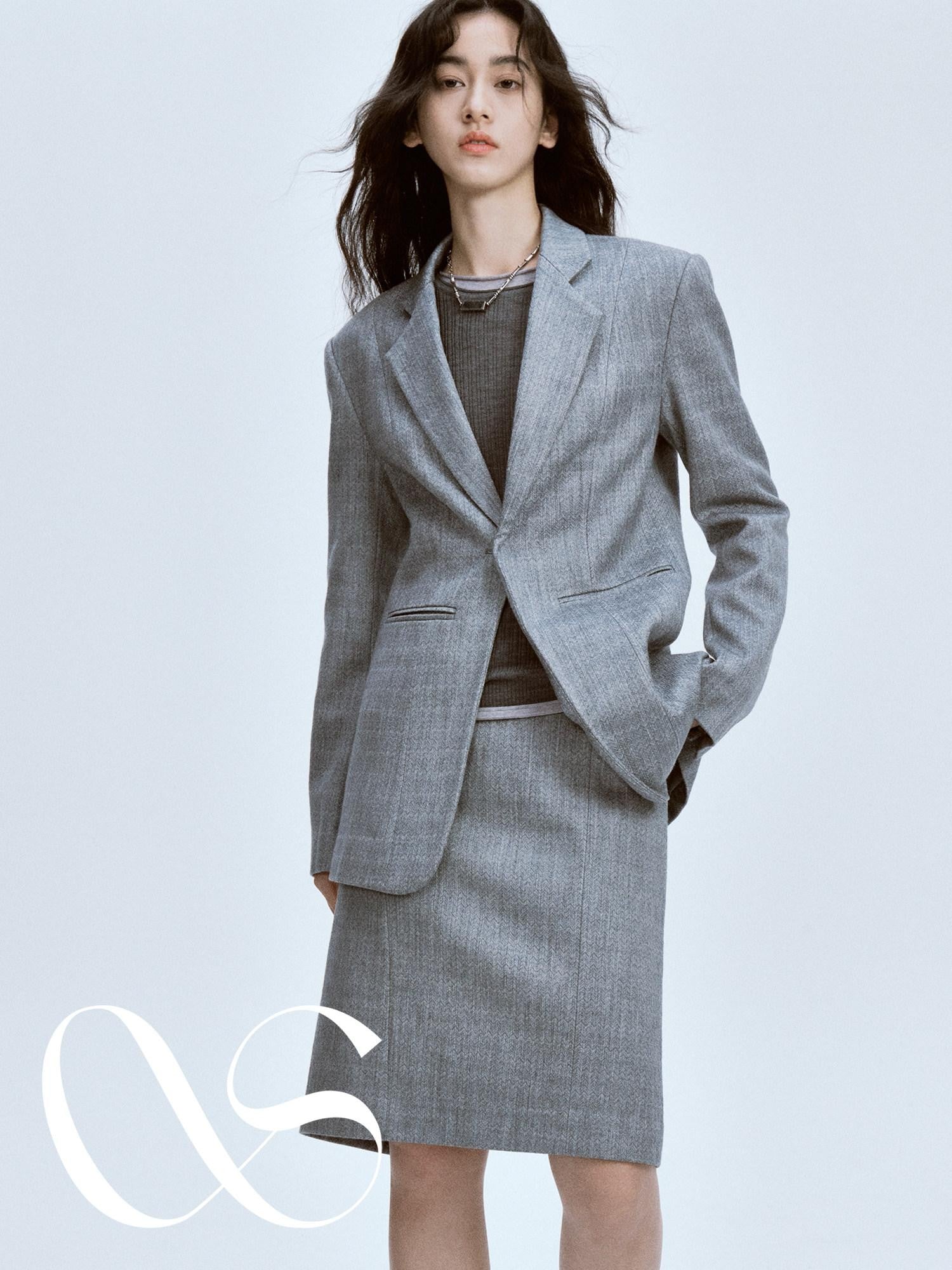 FUSSED Ash Gray Ripple Texture Slim Notch Lapel Single Breasted Women&
