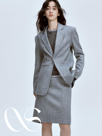 FUSSED Ash Gray Ripple Texture Slim Notch Lapel Single Breasted Women&