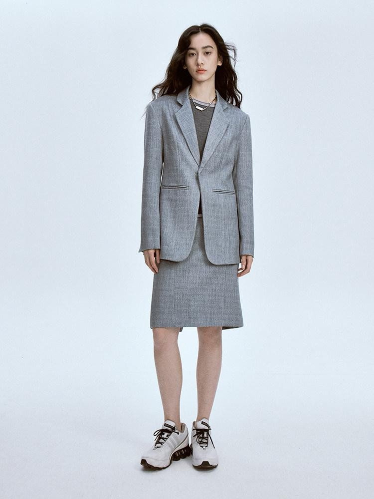 FUSSED Ash Gray Ripple Texture Slim Notch Lapel Single Breasted Women&