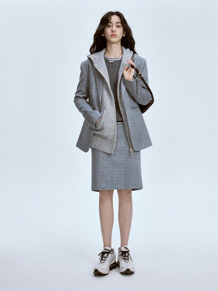 FUSSED Ash Gray Ripple Texture Slim Notch Lapel Single Breasted Women&