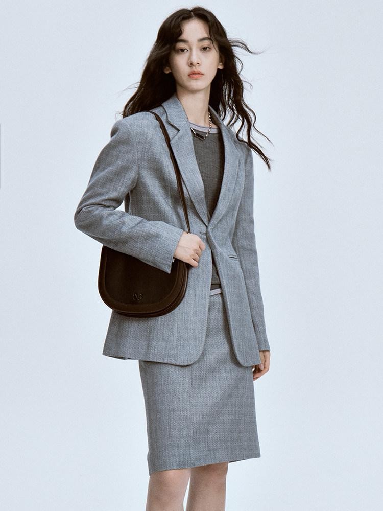 FUSSED Ash Gray Ripple Texture Slim Notch Lapel Single Breasted Women&