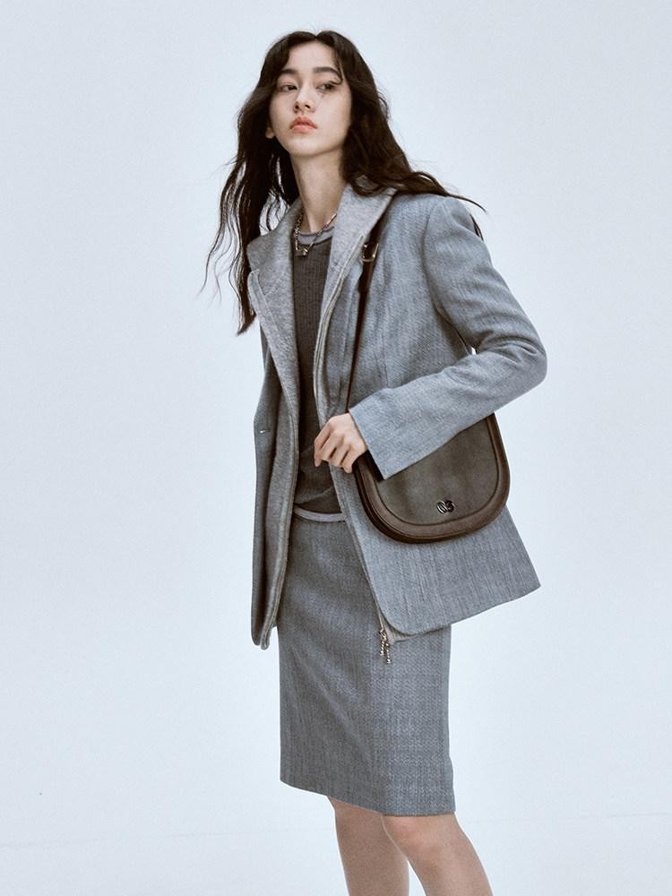 FUSSED Ash Gray Ripple Texture Slim Notch Lapel Single Breasted Women&