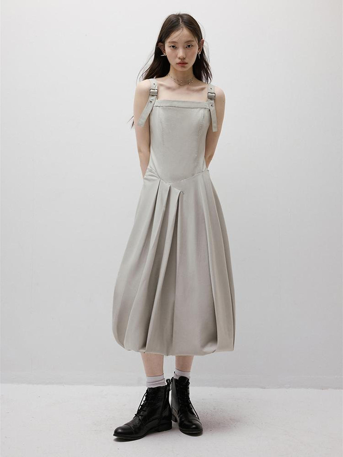 FUSSED Asymmetric Bubble Hem Deconstructed Space Gray Dress