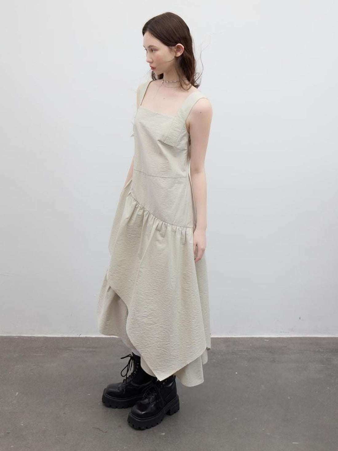 FUSSED Asymmetric Sage Green Tiered Midi Dress V-neck T-shirt Long Sleeve