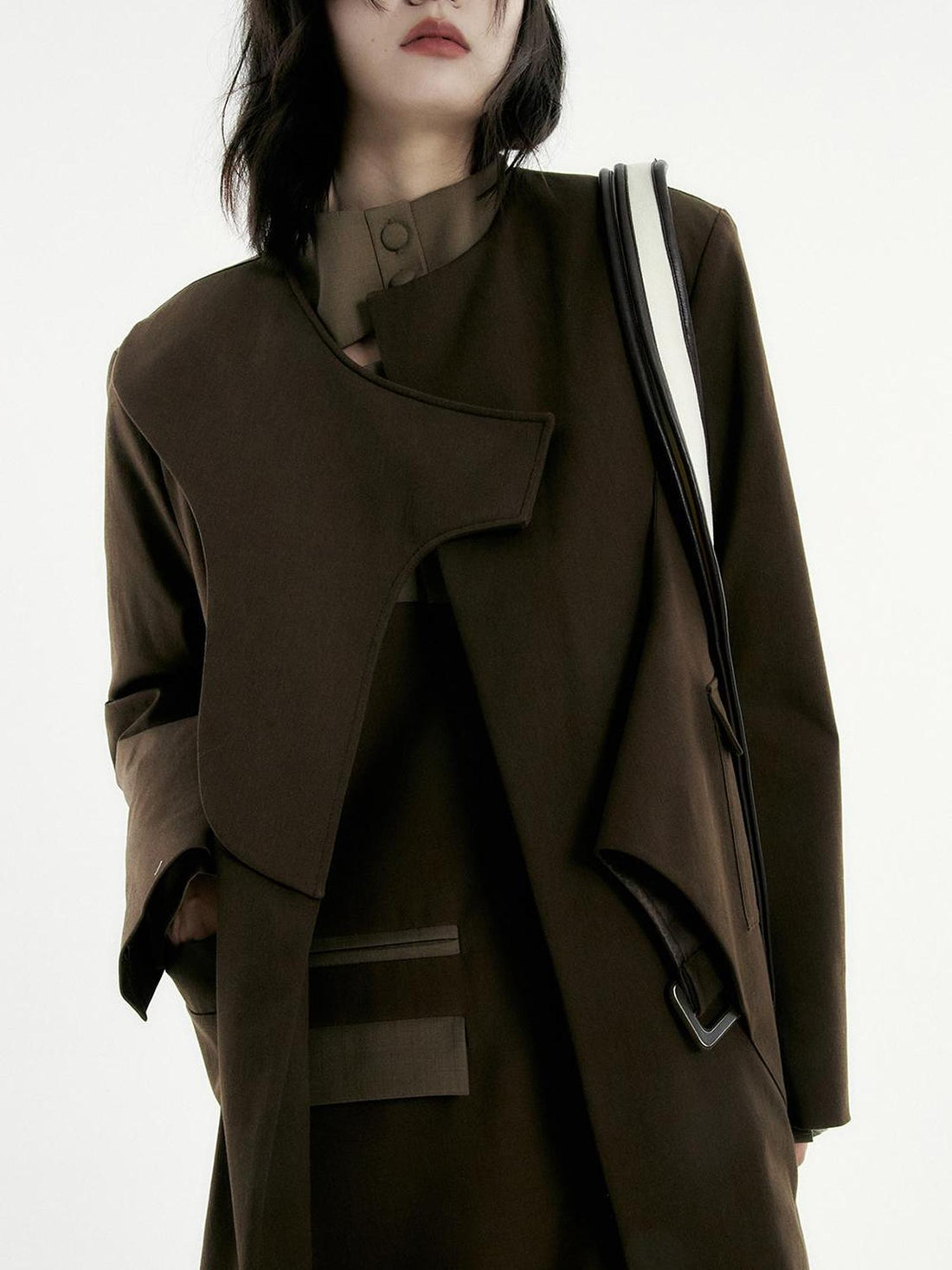 FUSSED Asymmetry Trench Coat In Coffee With Deconstructed Design