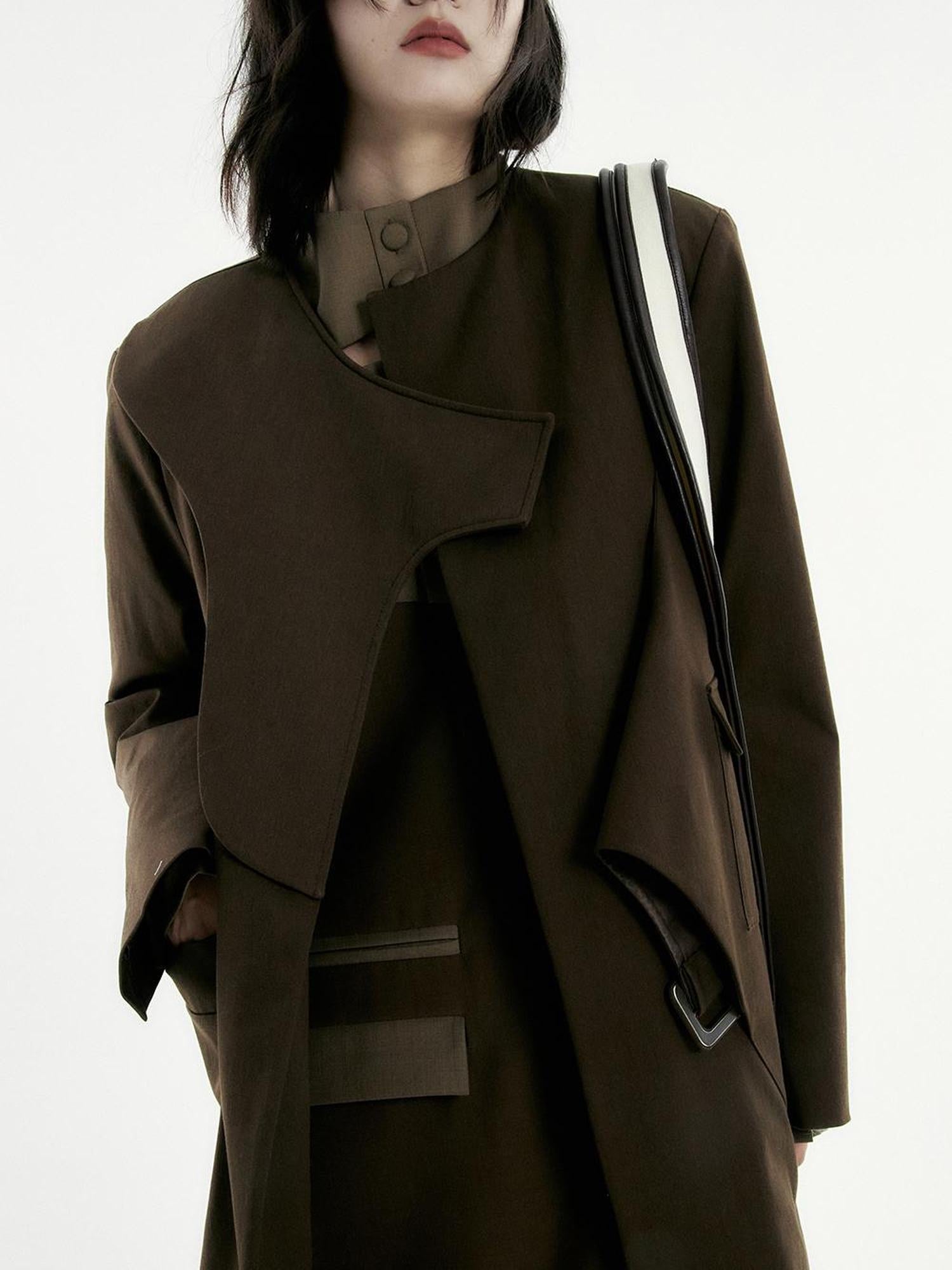 FUSSED Asymmetry Trench Coat In Coffee With Deconstructed Design