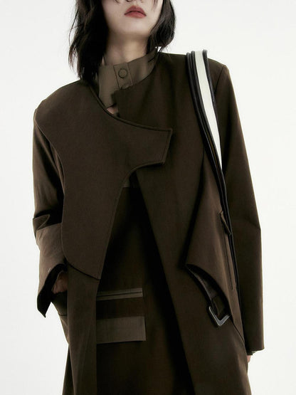 FUSSED Asymmetry Trench Coat In Coffee With Deconstructed Design