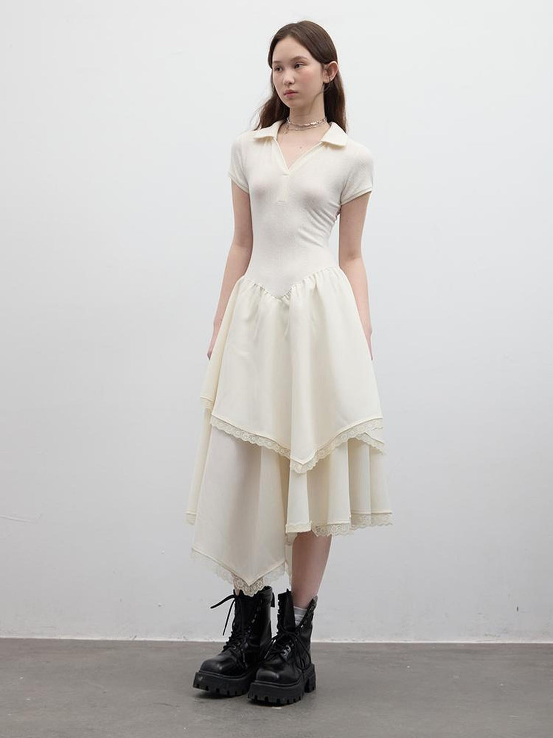 FUSSED Ballet Class Protein White Textured Polo Dress With Lace Trim