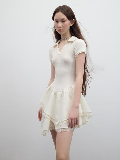 FUSSED Ballet Class Textured Protein White Polo V Neck T Shirt Long Sleeve Dress