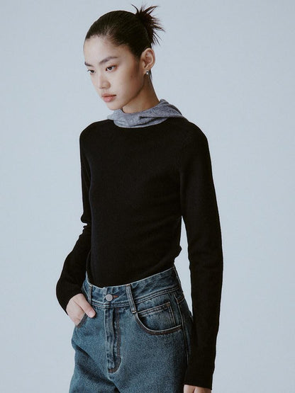 FUSSED Black Gray Seamless 18 Gauge Hooded Knit Women&
